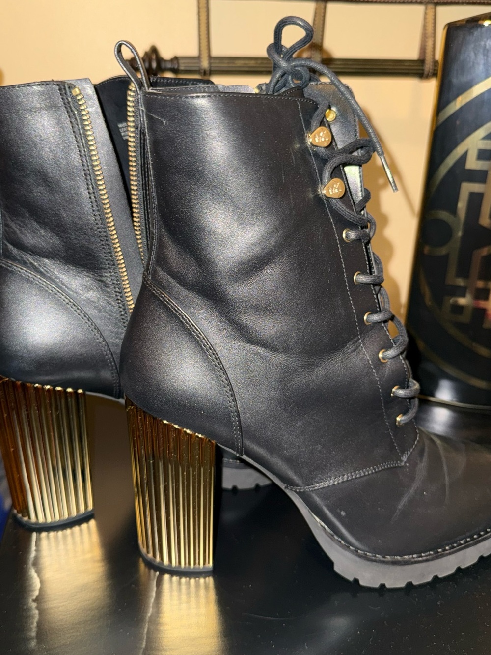 New Michael Kors Porter Black Lace-Up Leather Ankle Boots with Gold Block Heel